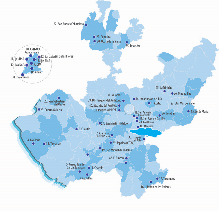 Mapa del estado de Jalisco donde se encuentran las sedes de CASA Universitaria