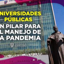 Texto: Universidades públicas un pilar para el manejo de la pandemia, de fondo el edificio UdeG